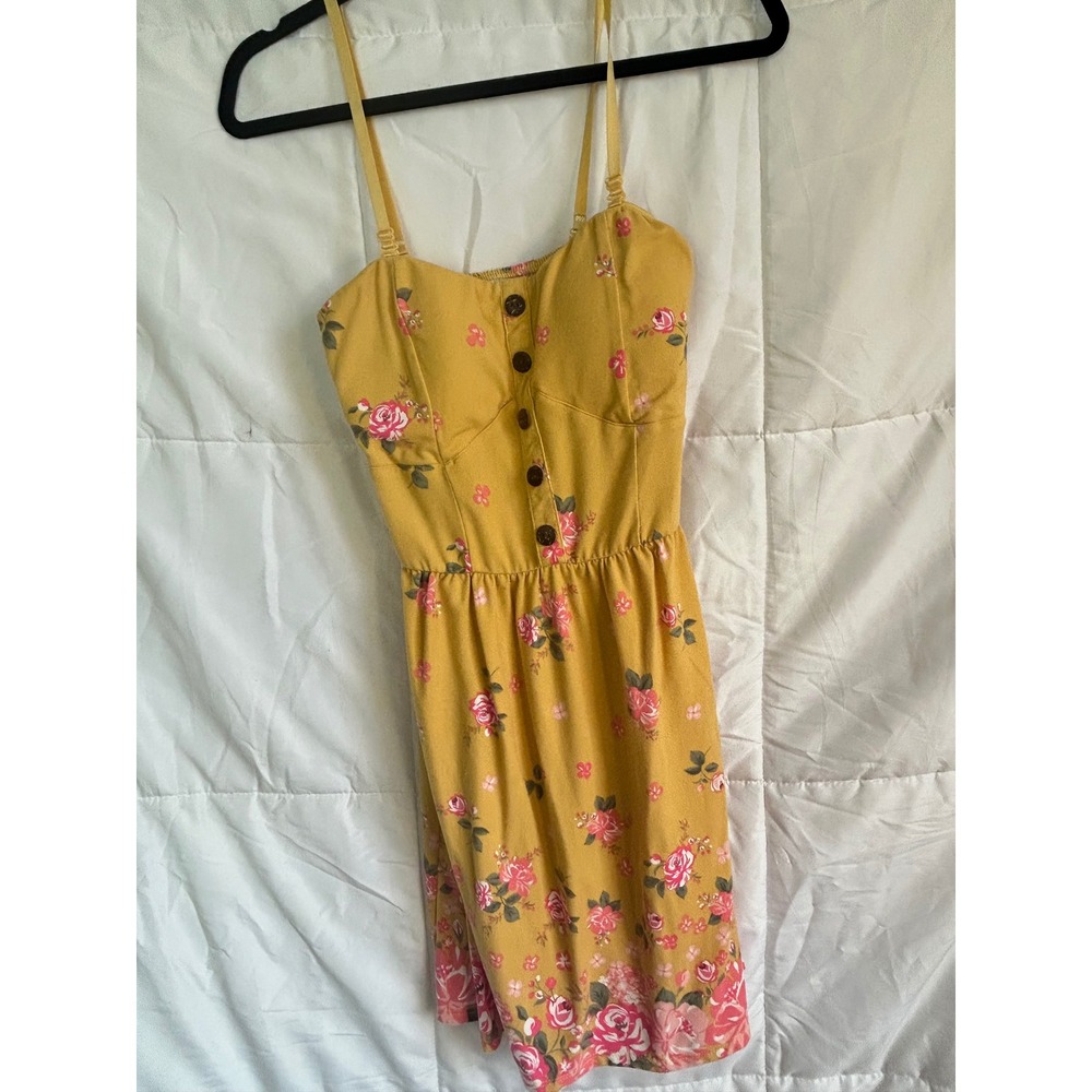 No Boundaries Yellow Floral Button‎ Front Smocked Back Mini Dress Women L G